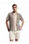 Cotton Short Sleeve Regular Fit Openwork Classic Collar Striped Shirt - 3