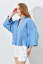 Women's Shirt Made of 100% Linen Fabric, Oversized Cut and Flowing Structure - Baby Blue |   Mkes169722-1 - 2