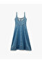 Square Neck Sleeveless Zipper Detail A-Line Slit Midi Denim Dress - 4