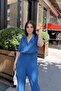 Women's Indigo Jacket Collar Elastic Waist Jumpsuit - 700-2622