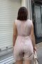 Women's Blue Striped Double Breasted Collar Covered Lace-Up Linen Short Jumpsuit - 700-3409 - 7