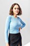 Baby Blue Long Sleeve Ribbed Blouse Crop Knitted T-shirt - 2