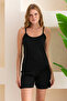Black Rope Strap Camisole and Shorts Women's Pajama Set Cotton Blend Fabric - 6015 - 3