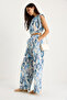 Women's Blue Padded Elastic Waist Crop Blouse Loose Trousers Patterned Linen Bottom-Top Set 25-086 60283430 - 4