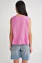 4717 Women's Front Lace Ruffle Sleeveless Linen Blouse Pink - 7