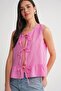 4717 Women's Front Lace Ruffle Sleeveless Linen Blouse Pink - 4