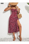 Women's Floral Print Dress – Single Jersey Fabric, Lace-Up V-Neck, Rope Strap and Slit - 4