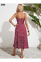 Women's Floral Print Dress – Single Jersey Fabric, Lace-Up V-Neck, Rope Strap and Slit - 5