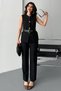 Women's Double Bottom Top Set Stylish Belted Button Detailed Crew Neck Regular Vest Pants Set