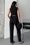 Women's Double Bottom Top Set Stylish Belted Button Detailed Crew Neck Regular Vest Pants Set - 9
