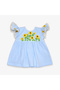 Organic Cotton Sunflower Embroidered Girls Blue Dress with Ruffled Sleeves