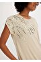 Women's Plus Size Beige, Sequin Embroidered, Crew Neck Viscose Blouse 65N38988 - 6