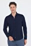 Men's Dark Navy Blue Long Sleeve Knitted Polo Collar Flexible Slim Fit Shirt 1004250153_200