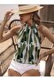 Halter Neck Sleeveless Micro Fabric Shawl and Brush Pattern Khaki Green Blouse - 5