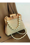 Chic Raffia Tote Women Shoulder Bag Woven Design Straw Bag Pearl Chain Strap Knitting Cream Hand Bag - 2