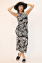 Black Halter Neckline Wrap Pattern Summer Midi Dress – for Vacation, Sightseeing, Casual and Beach Chic