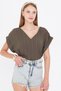 Women's Dark Khaki V-Neck Oversize Blouse with Side Slits and Long Double Sleeve Detail on the Back Arm-24Y001074