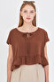 Women's Light Coffee Bat Sleeve Collar Tie-Up Skirt Ruffled Oversize Crop Blouse Arm-24Y001088 - 3