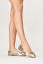 Gold Genuine Leather Flat Ballerinas with Bow Detail - 5