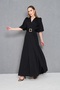 Women's Crepe Fabric Double Breasted Collar Dress Puff Sleeve and Rhinestone Belt Detail Black Maxi Dress 77124 - 5