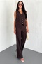 Women's Brown Buttoned Pencil Pants Vest Bottom Top Set - 4