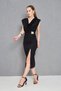 Women's Black Crepe Fabric Slit and Accessories Design Degaje Collar Draped Midi Dress 77130 - 5