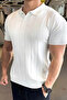 Men's White Striped Short Sleeve Knitwear T-Shirt - 2