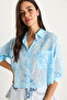 Women's Baby Blue Self-Floral Patterned Half Sleeve Single Pocket Detailed Jacquard Transparent Shirt 60282019