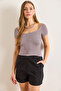 Women's Lilac Button Detailed Soft Textured Crop T-Shirt Tsh-19000932 - 3