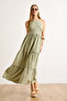 Women's Khaki Halter Neck Lined Linen Look Dress Elb-19002461 - 4