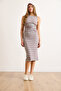 Women's Gray Drape Detailed Striped Stretchy Dress Elb-19002463 - 2
