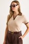 Women's Beige Brown Polo Neck Color Block Wrap Blouse Blz-19003046 - 3