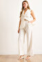 Women's White Button Pleated Palazzo Double Trousers Pnt-19000355