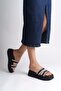 Elise Flat Heeled Striped Stone Thick and Orthopedic Sole Women's Slippers Cst - Black