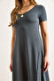 Women's Smoked Short Sleeve Slit Modal Button Maxi Dress Elb-19002470 - 6