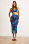 Women's Blue Lined Digital Midi Tulle Skirt Etk-19000336 - 5