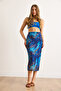 Women's Blue Lined Digital Midi Tulle Skirt Etk-19000336 - 4