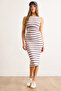 Women's White Drape Detailed Striped Stretchy Dress Elb-19002463