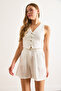 Women's White Pocket Zippered Pleated Shorts Shrt-19000065 - 3