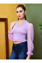Women Dobby Ruffled V Neck Crop Top - 2