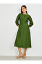 Solid Round Neck A-Line Midi Dress with Button Detail - 3