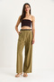 Women's Khaki Straw Belted Pocket Detailed Striped Linen Palazzo Trousers 3434 60283437 - 2