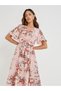 Women Pink Floral Print Ruffle Trim A-Line Midi Dress with Tie Waist - 3