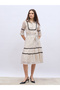 Polka Dot Print Collared A-Line Midi Dress with Lace Detail - 2