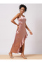 Women Pink Solid Satin Asymmetric Hem Sheath Maxi Dress with Ruffle Detail - 2