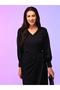 Women Black Solid Wrap Look A-Line Midi Dress with Tulip Hem - 5