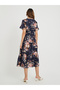 Women Navy Blue Floral Print Ruffle Trim A-Line Midi Dress with Tie Waist - 5