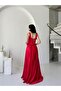 Red Square Neck Strap Satin Evening Dress - 4