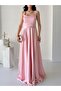 Powder Square Neckline Strap Satin Evening Dress - 2