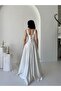 White Square Neck Strap Satin Evening Dress - 5